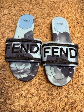 Fendi Blue and Black Camouflage Slide Sandals